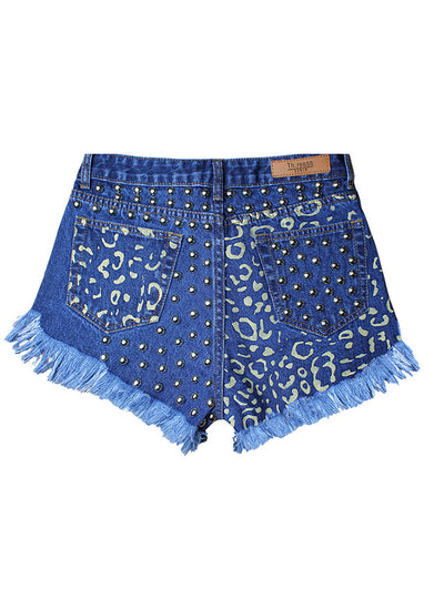 Punched High Waist Rivet Denim Shorts