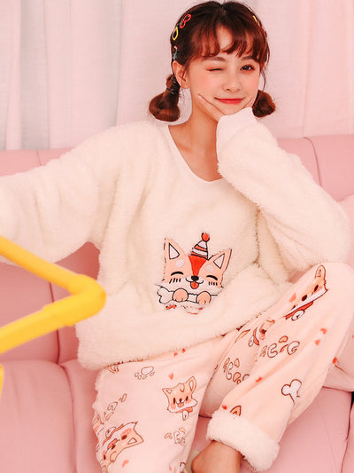 Women Cute Cartoon Corgi Dog Two-piece Set