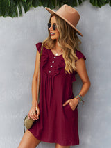 Round Neck Lotus Leaf Sleeve Solid Color Casual Dress