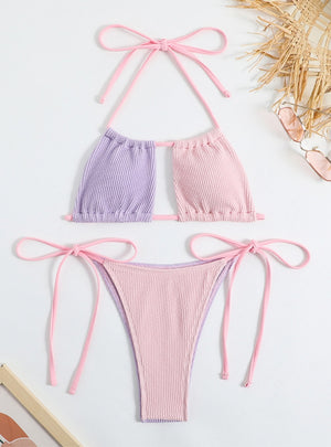 Sexy Color Matching Pink Purple Swimwear