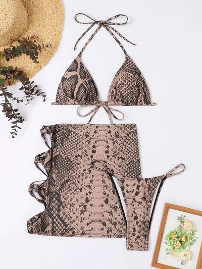Snakeskin Three-piece Cross-tether Hip-wrapped Swimsuit