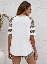 Round Neck Color Matching Leopard Print T-shirt