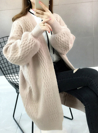 V neck Lantern Sleeve Open Stitch Loose Sweater Jacket