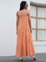 Plaid Lace-up Print Long Dress