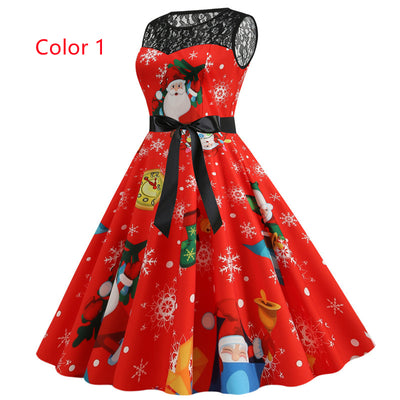 Christmas Printed Lace Stitching Dress