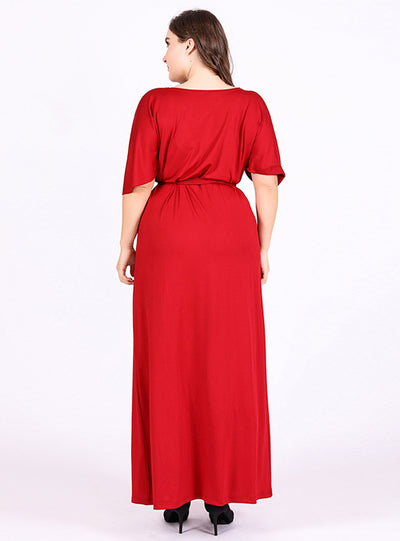 Deep Red V-neck Short Sleeve High Waist Sexy Dress
