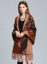 Printed Bat Sleeve Knitted Cardigan Shawl Tassels
