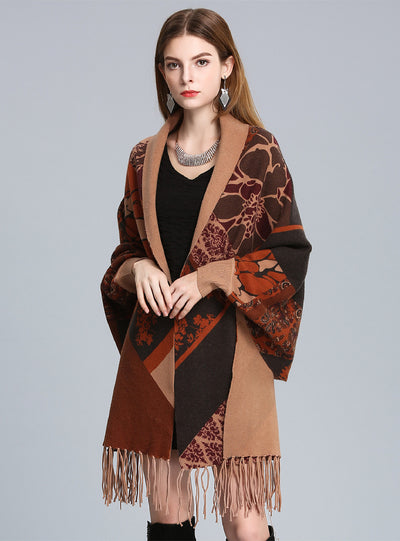 Printed Bat Sleeve Knitted Cardigan Shawl Tassels
