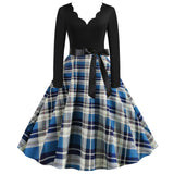 V-neck Chequer Print Long Sleeves Dress