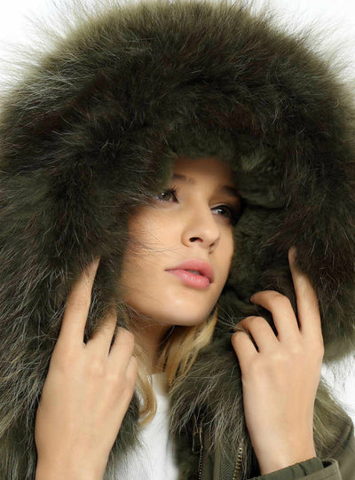 Fashion Jacket Parka Fur Hood and Rabbit Fur Inside 