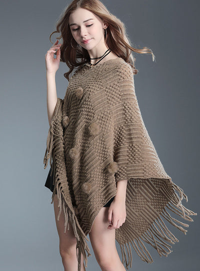 Fringed Sweater Fur Ball Shawl Cape Knitted Shawl