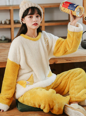 Yellow Star Cat Coral Velvet Pajamas Women Add Velvet