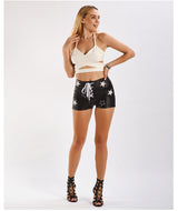 PU Leather Pants Elastic Metal Hole Rope Shorts