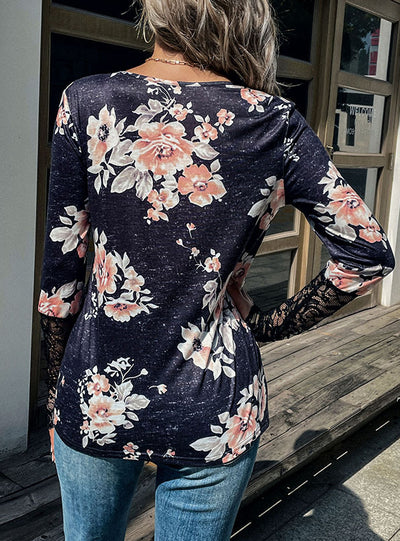 Turtleneck Long Sleeve Printed Lace T-shirt