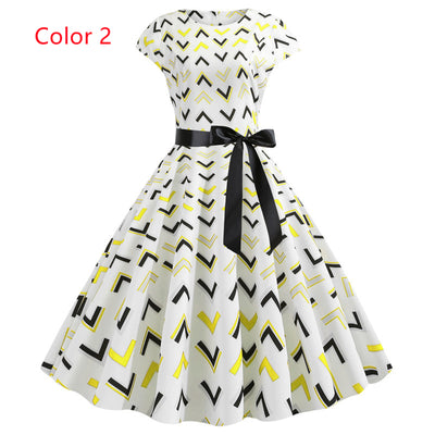 Retro Short Sleeve Printed Round Neck Dress