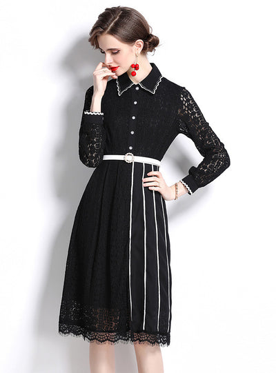 Retro Long Sleeve Pleated Chiffon Stitching Lace Dress