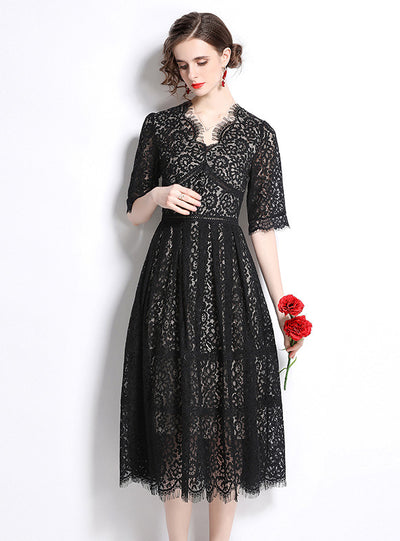 V-neck Short Sleeve Lace Dress