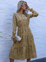 Leopard Print Elastic Waist Round Neck Long Sleeve Dress