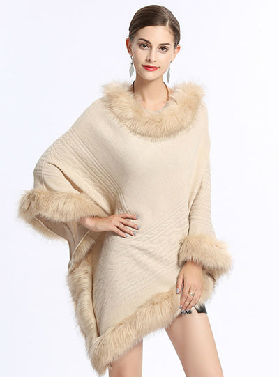 Fox Like Fur Collar Round Pullover Sweater Cape Shawl