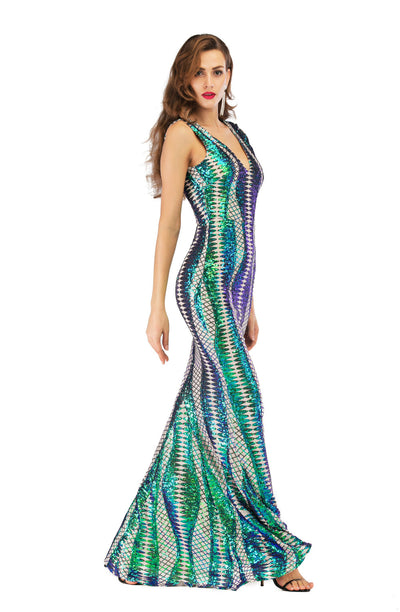 V-neck Backless Long Sequined Dress