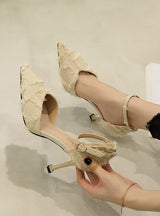 Hollow Pointed Thin Heel One-button Shoes