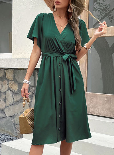 V-neck Lace-up Short Sleeves Dress