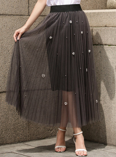 Flash Bright Silk Beaded Gauze Pleated Skirt 