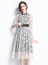 Hollow Round Neck Lace Long Sleeve Dress