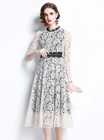 Hollow Round Neck Lace Long Sleeve Dress