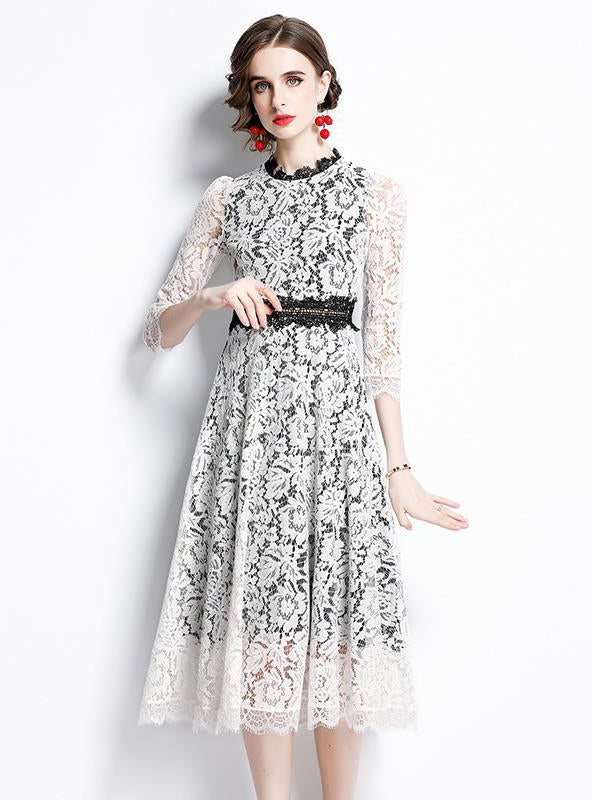 Hollow Round Neck Lace Long Sleeve Dress