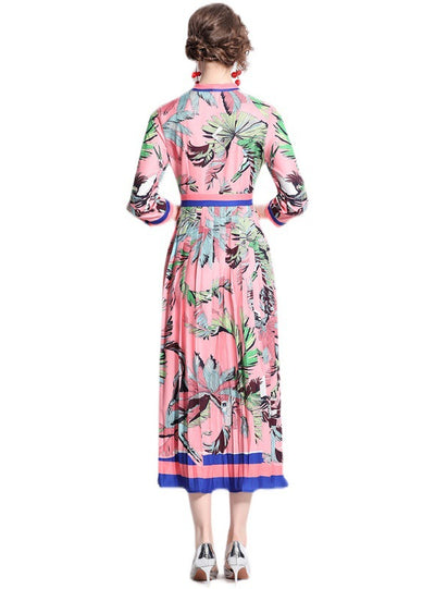 Printed Pleated Slim Medium and Long Dress