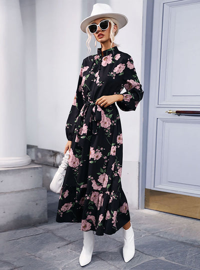 High Neck Printed Chiffon Long Sleeve Dress