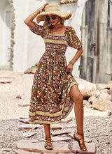 Beach Square Neck Bohemian Print Dress