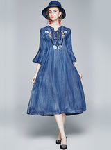 3/4 Sleeve Loose Embroidered Denim Dress
