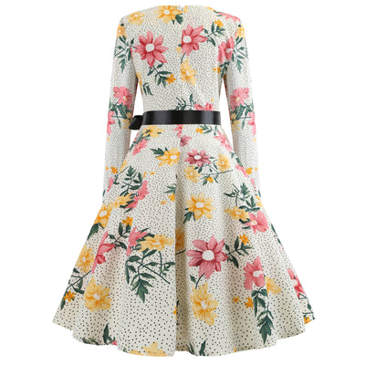 Printed Long Sleeve Retro Big Swing Dress