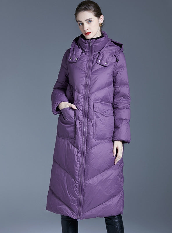 Loose Hooded Long White Duck Down Jacket