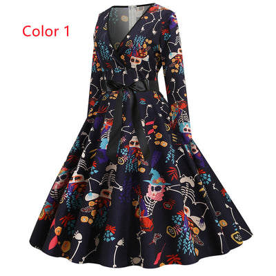 Long Sleeve V-neck Slim Print Dress