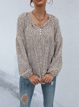 Long Sleeve V-neck Pullover Leopard Print Shirt