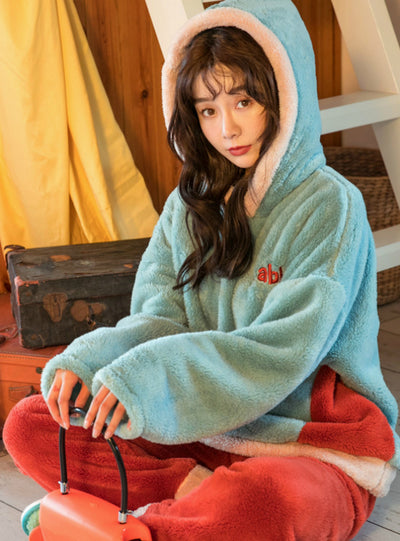 Coral Velvet Button Hooded Cartoon Suit Pullover Flannel