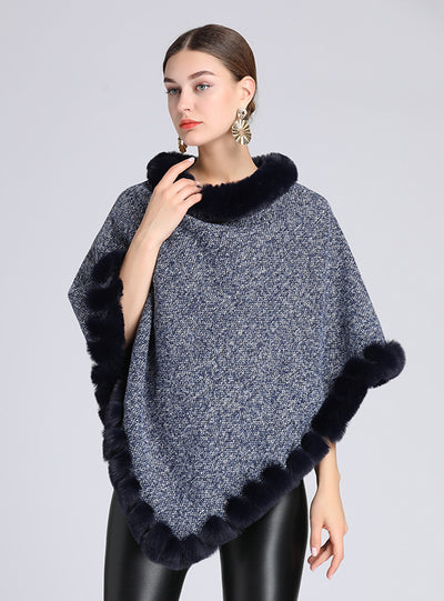Wool-padded Fur Collar Shawl Cape Knitted Pullover