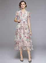 Short Sleeve Print Tiers Cake Dress