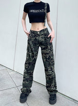 Contrast Camouflage Pants Pocket Retro Bib Pants
