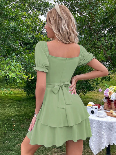 Slim-fit Bubble Sleeve Green Dress