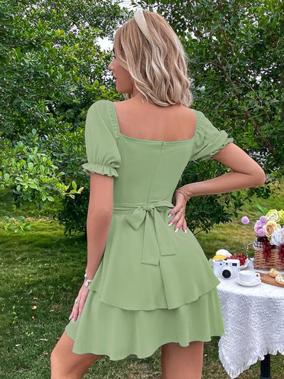 Slim-fit Bubble Sleeve Green Dress
