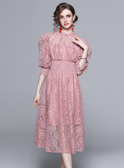 Lace Stand Collar Waist Puff Sleeve Dress