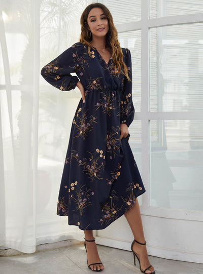 V-neck Printed Leisure Holiday Dress