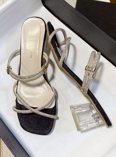 Thick Square Head Rhinestone Sequins Sandals