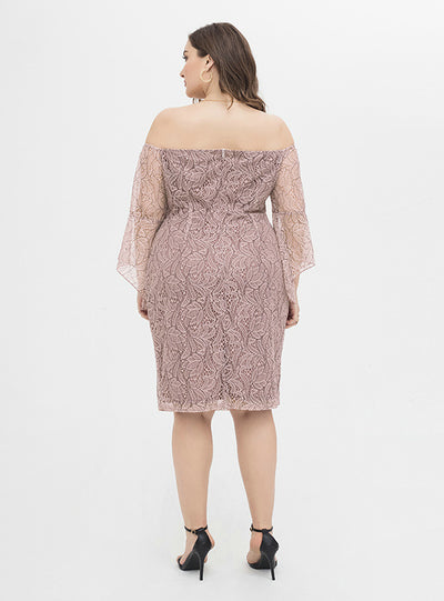 Pink Lace Long SLeeve Off the Shoulder Party Dress