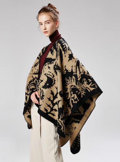 Ladies Flower Pattern Shawl Split Long Cloak
