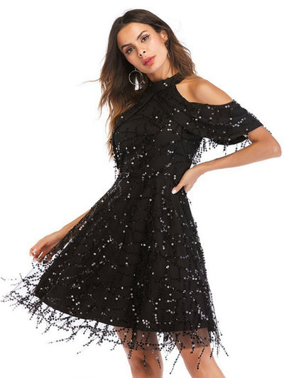 Sexy Halter Fringed Sequined Dress